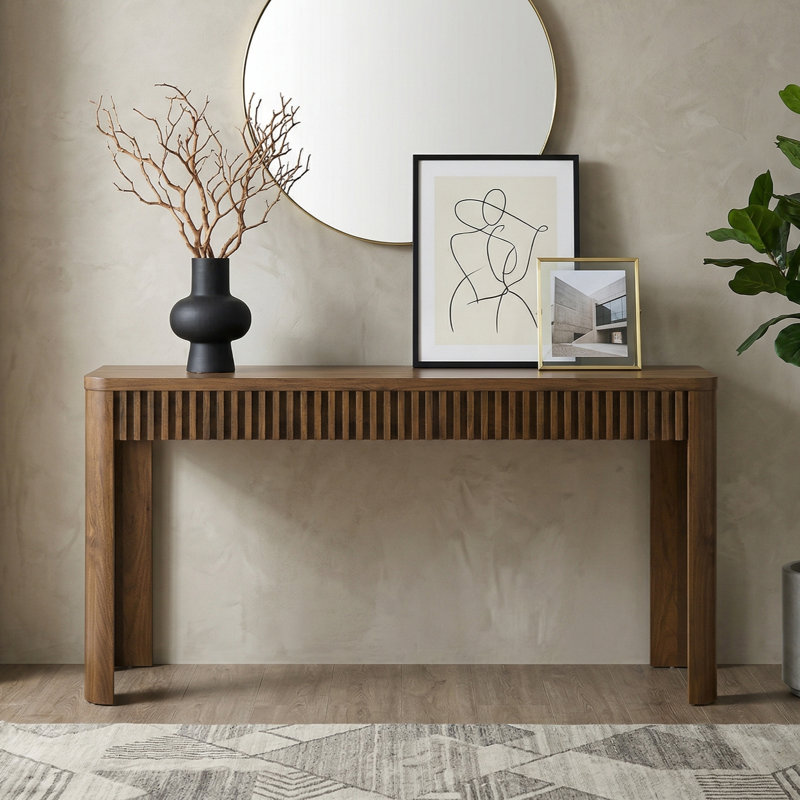 Console cannelée de 59 po de style moderne Mid-Century Abdel, Noyer, H 29,5 po x l 59,1 po x P 15,4 po