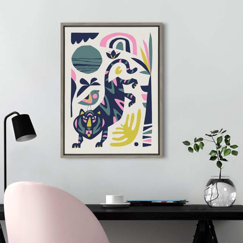 «Mid Century Modern Tiger and Bird» par Rachel Lee 3 Birdies Studio, reproduction d'art sur toile encadrée