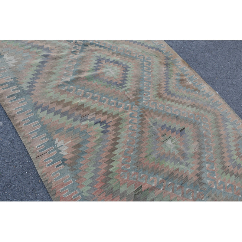 Tapis traditionnel kilim turc traditionnel avec un look rétro délavé et des motifs géométriques Navajo Oushak orange / vert