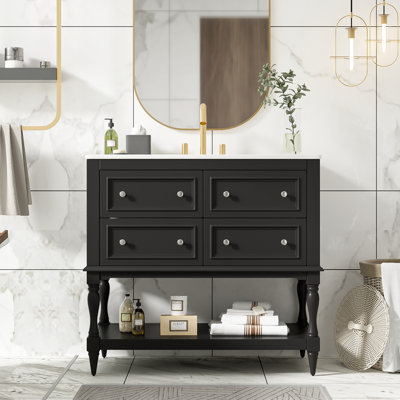 Meuble-lavabo 36 po avec lavabo supérieur et tablette ouverte, armoire de rangement avec 4 tiroirs