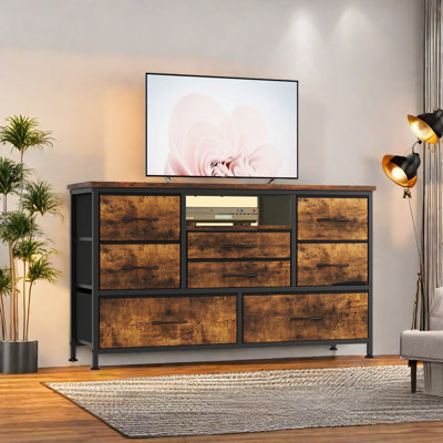 Meuble télé 8 tiroirs avec prise de courant et DEL, commode pour chambre à coucher avec 8 tiroirs profonds, large console pour le salon, vestibule
