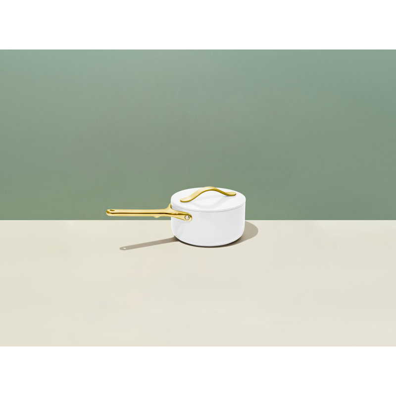 Caraway 1.75qt Iconics Nonstick Ceramic Saucepan, Black/Gold, White/Gold