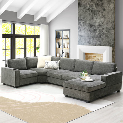 Canapé modulaire en U de 119 po, ensemble de canapé d'angle en chenille 6 places avec porte-gobelets de 119 po, méridienne surdimensionnée