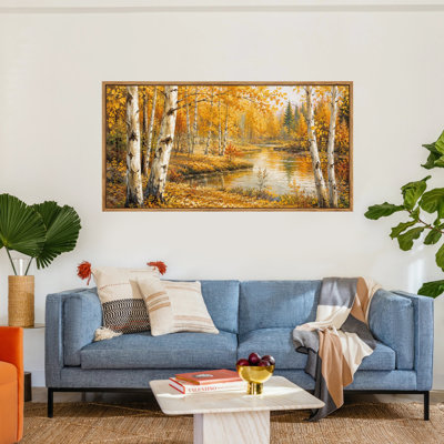 Framed Golden Aspens Beside Calm Creek Canvas Wall Art, Large Horizontal Nature Artwork for Living Room 60"W x 30"H