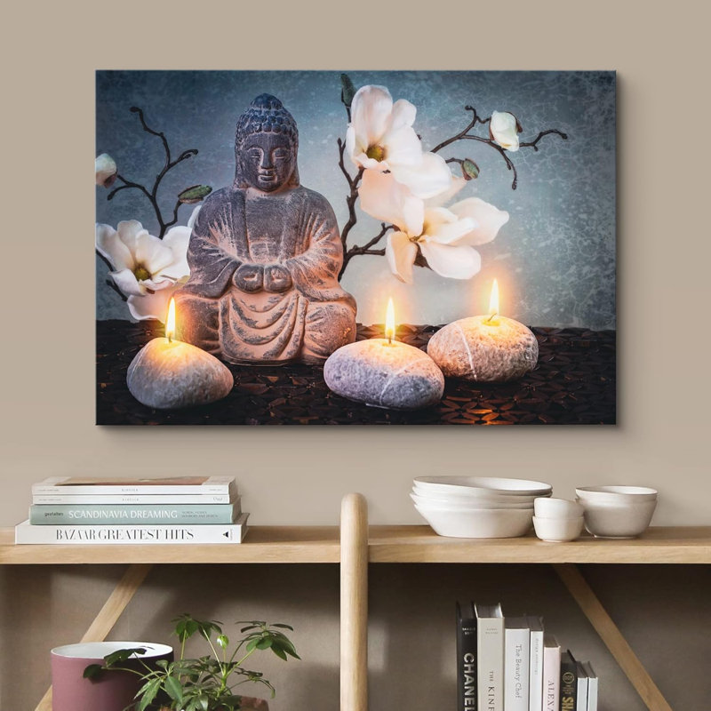 Zen Zen "Statue de Bouddha japonais fleurs de marguerites blanches bougies photographie de salle de bain", H 16 po x l 24 po