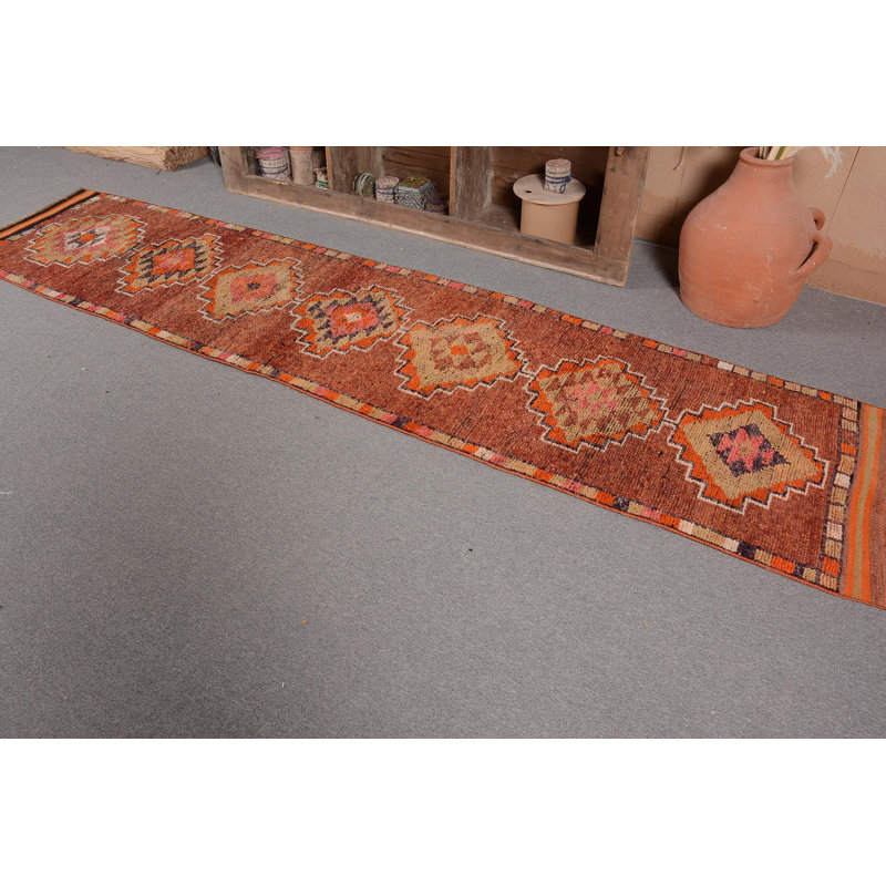 Tapis de couloir brun, tapis turcs, tapis tissés à la main, tapis rétro, tapis géométriques