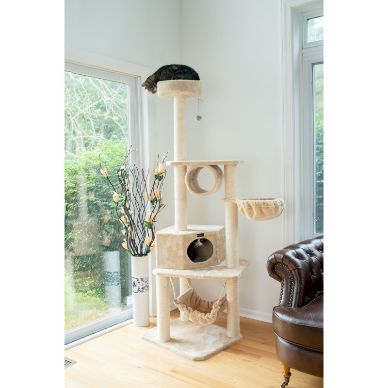 Beige Multi-Level Faux Fur Cat Tree with Sisal Posts