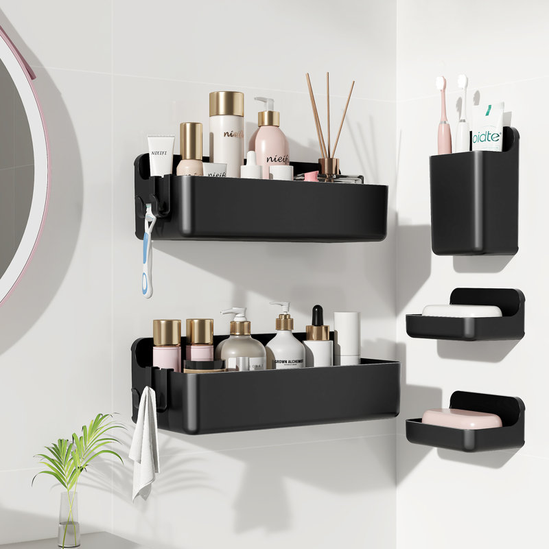 Support de rangement mural en plastique sans perceuse 5 pièces avec porte-savon, dentifrice, brosse à dents, shampooing et accessoires de salle de bain