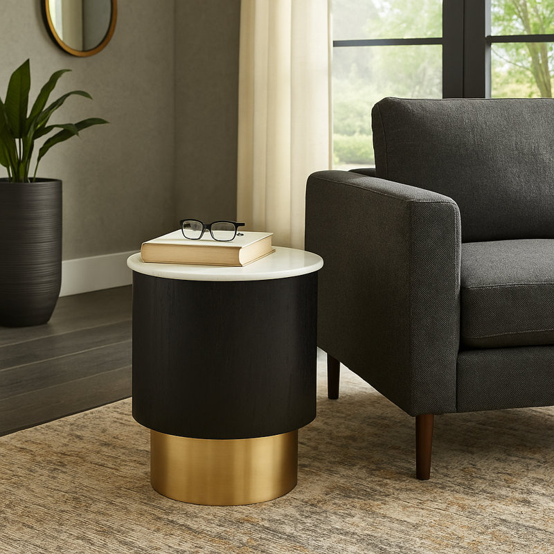 20" Gold Pedestal Accent Table Marble Top, White/Black