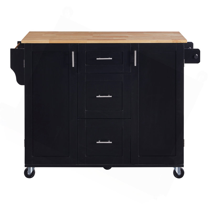 Rolling Kitchen Island With Storage, Kitchen Cart With Rubber Wood Top, 3 Drawer, 2 Slide-Out Shelf And Internal Storage Rack, Kitchen Island On Wheels With Spice Rack & Tower Rack