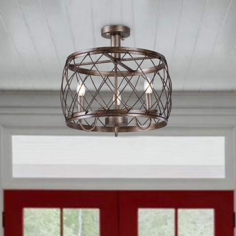 Neslisah 13.7-Inch Wine Barrel Metal Mesh Flush Mount, Aged Silver