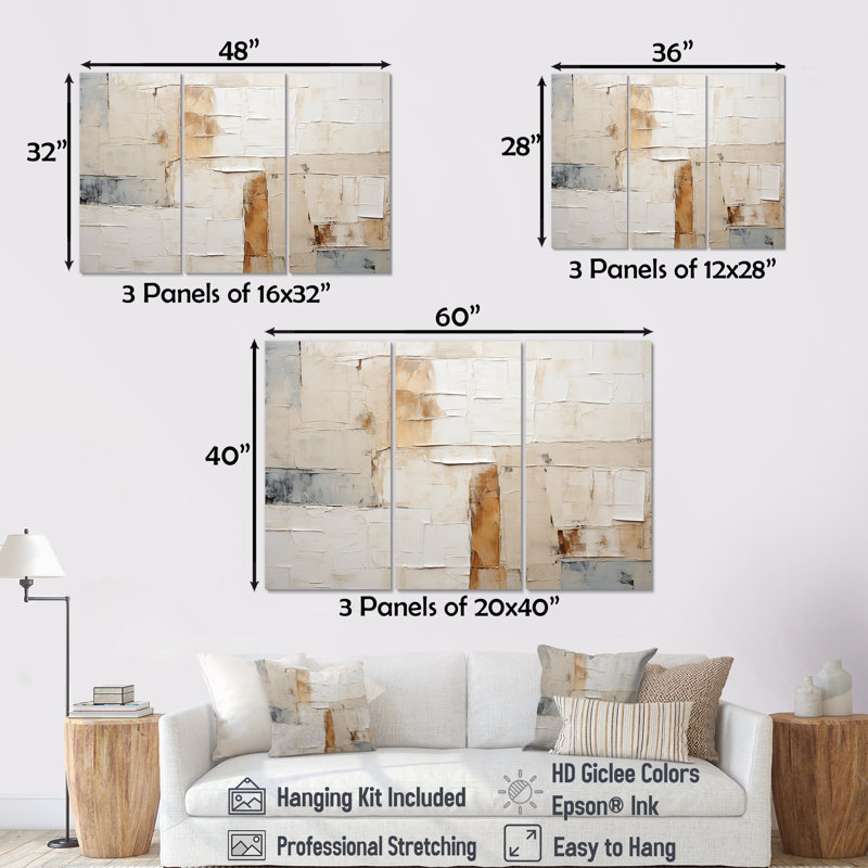 Ensemble d'art sur toile scandinave beige et doré minimalisme scandinave III, Toile tendue, H 28 po x l 36 po x P 1 po