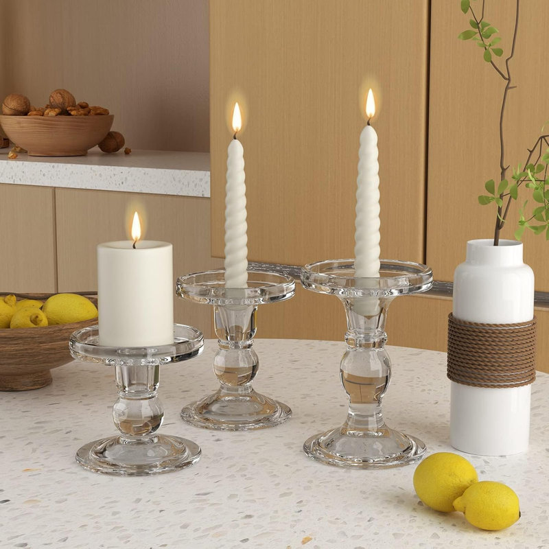 9 Pcs Clear Glass Candle Holders Set Fits Taper