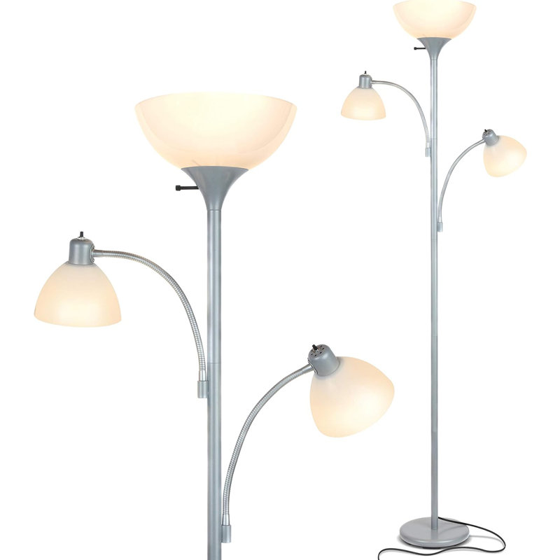 Dome Double Led Floor Lamp, Dimmable Super Bright Floor Lamp With 2 Reading Lamps For Living Rooms & Offices, Platinum Silver