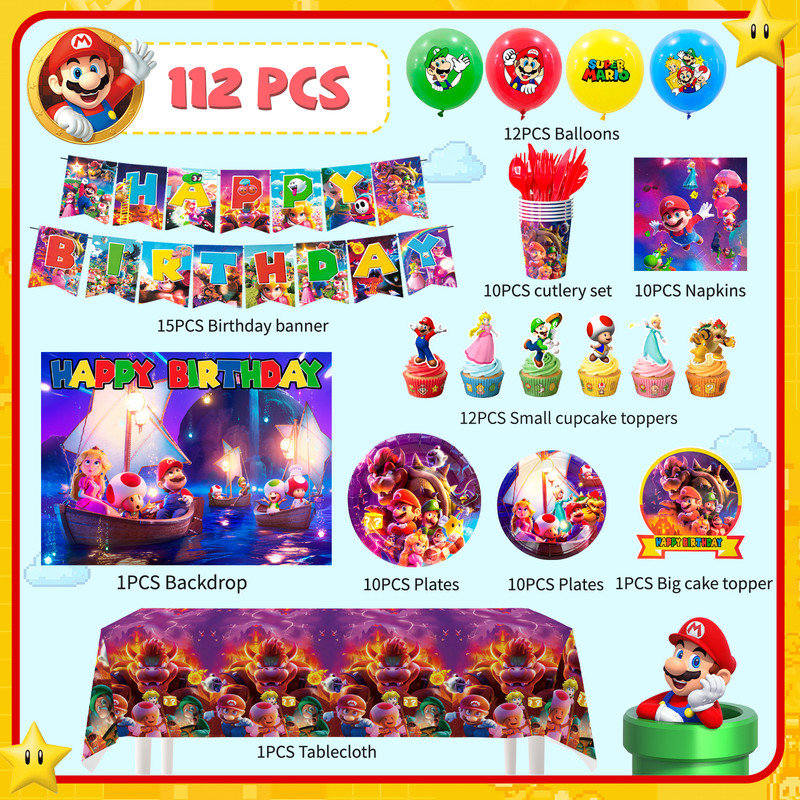 Décorations de fête d'anniversaire Super Mario, 112 pièces de fournitures de fête Super Mario