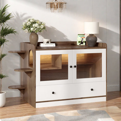 Cat Litter Box Enclosure With A Drawer, Stairs, A Step-down Board, 2 Glass Doors And 2 Access Types
