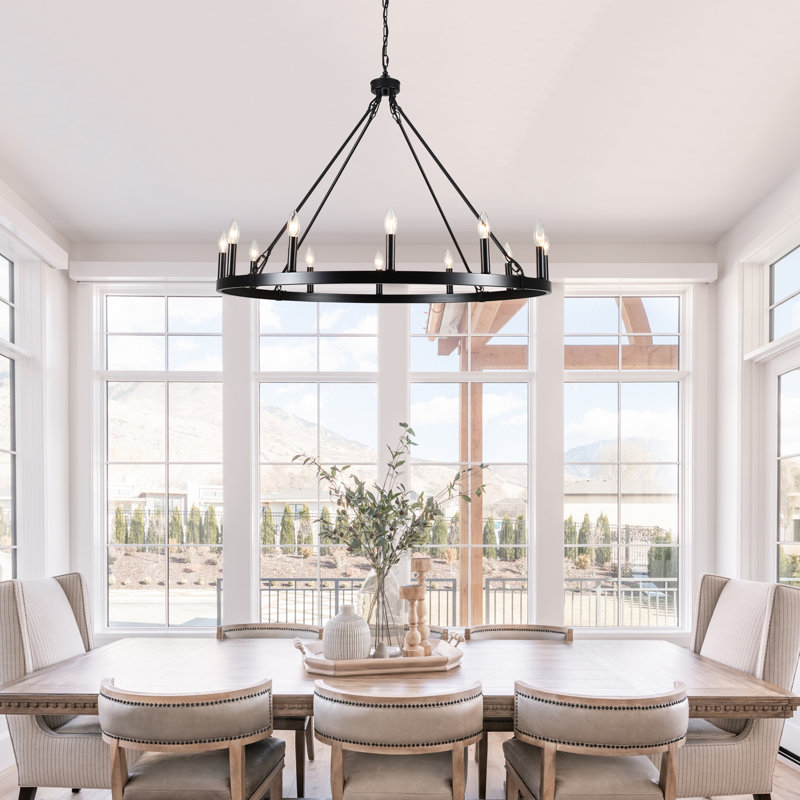 Dineen 12 - Light 38" Wide Candle Style Dimmable Wagon Wheel Chandelier, Matte Black