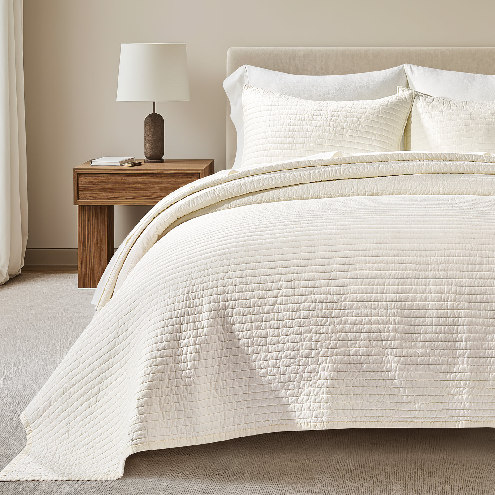 Cotton Sateen Quilt Set, Ivory White, King Quilt + 2 King Shams