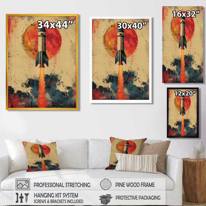 Orange fusée dans l'espace II - art mural fusée, Toile tendue, H 34 po x l 44 po