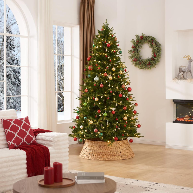 Collier d'arbre de Noël 28 po YANGQIHome, jupe d'arbre en rotin, housse de base en jacinthe d'eau tissée pour la décoration de la maison avec découpe de cordon
