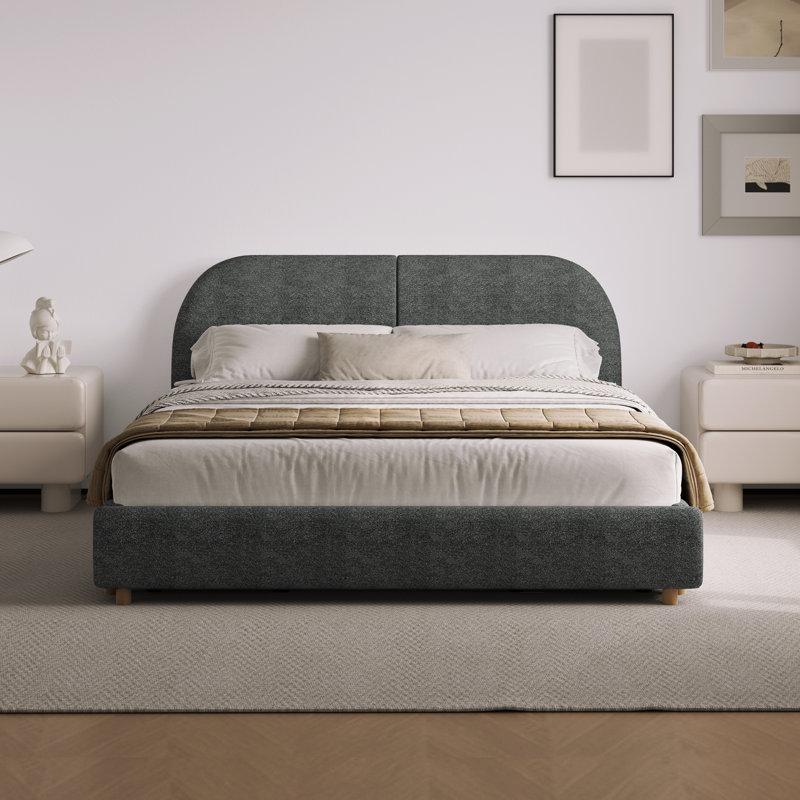 Structure de lit rembourrée Boucle avec tête de lit courbée et tiroirs de rangement sous le lit, Gris foncé, Grand