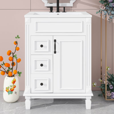 Meuble-lavabo 24 po avec lavabo en céramique, armoire de salle de bain compacte de style moderne avec 2 tiroirs et tablette intérieure réglable