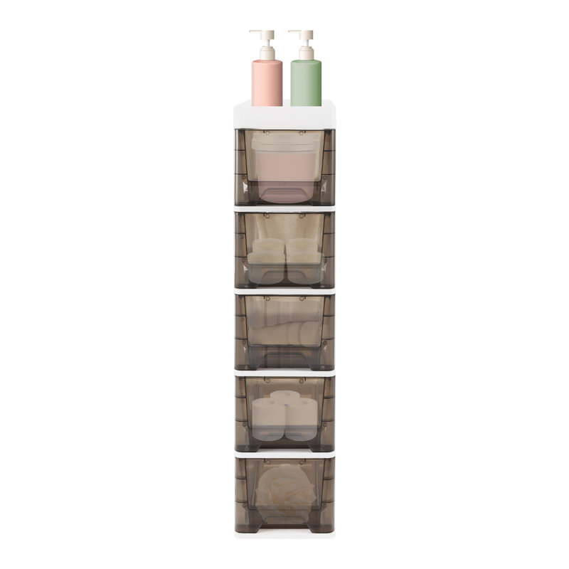 5 Tier Bathroom Storage Cabinet Narrow Floor Standing Storage Cabinet, Clear Black