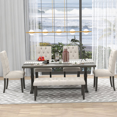 6-Piece Farmhouse Dining Table Set 72" Wood Rectangular Table, 4 Upholstered Chairs with Bench