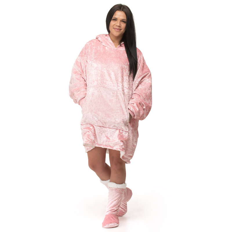 Mirona Snug Oversize Crushed Velvet Hoodie Blanket Thermal Cosy With Pocket, Pink