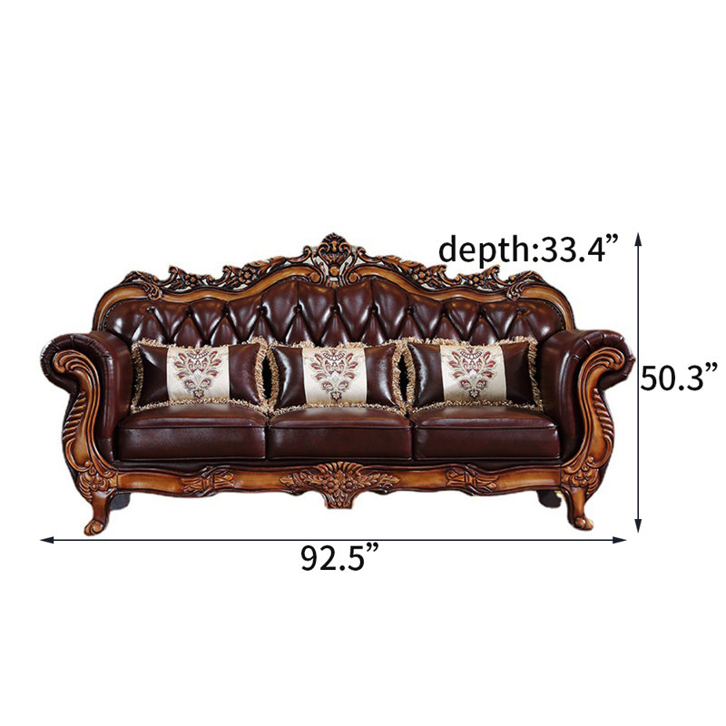 Canapé sculpté de style européen. Canapé à accoudoirs roulés en cuir véritable 92,5 po