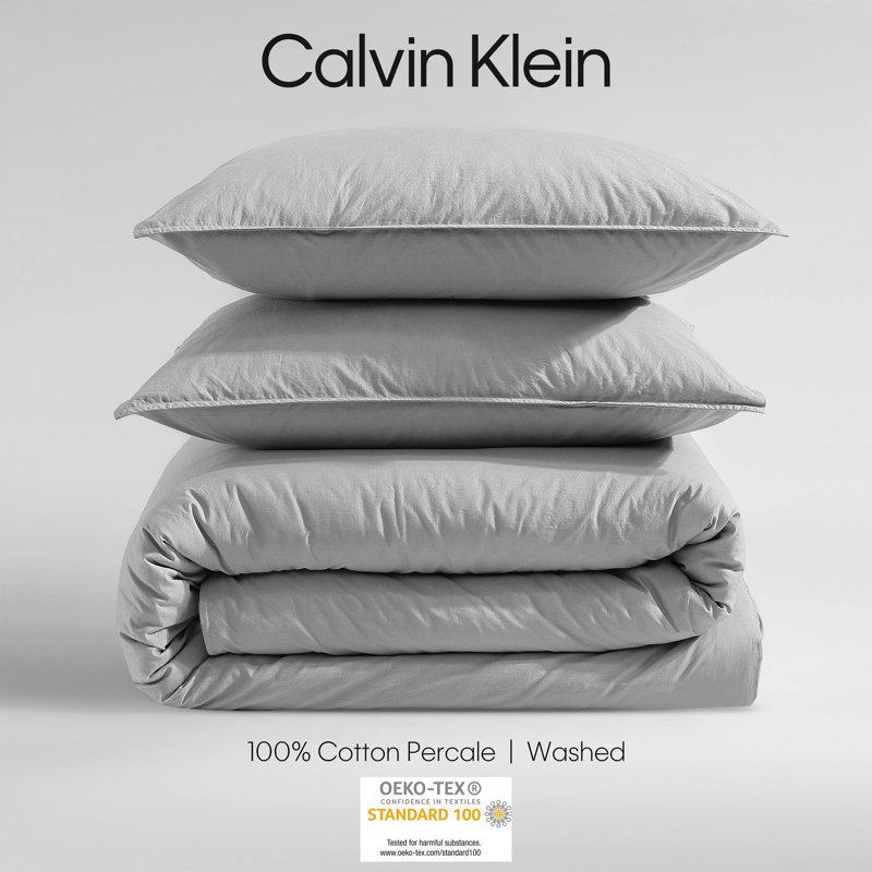Calvin Klein Washed Percale Cotton Solid Comforter Set, Blue Gray, Queen Comforter + 2 Standard Shams