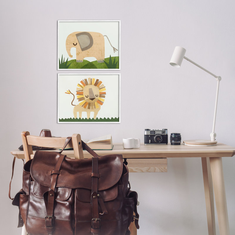 Adorable ensemble de 2 estampes douces éléphant et lion par Jenny Westenhofer, H 11 po x l 14 po