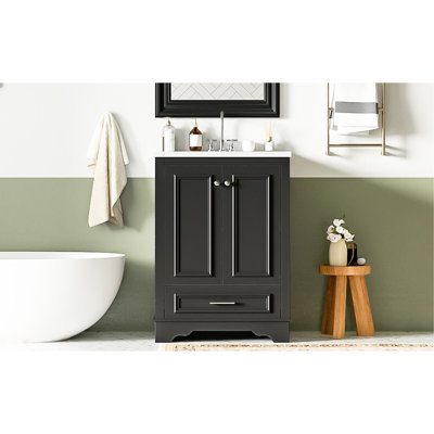 Meuble-lavabo moderne avec lavabo en céramique de 24 po - armoire noire, surface lisse, poignée argentée, conception d'évier d'armoire organisé, fabrication, poignée, espace spacieux, fonctionnel