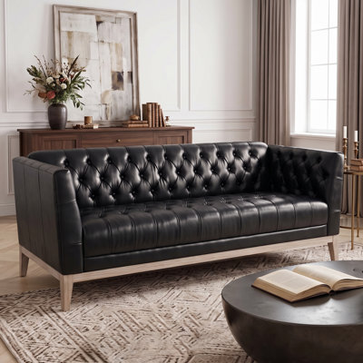 79.1" Mid‑Century Modern Chesterfield Sofa, 3‑Seater PU Faux Leather Couch with Button Tufted Solid Pine Wood Legs for Apartment & Office