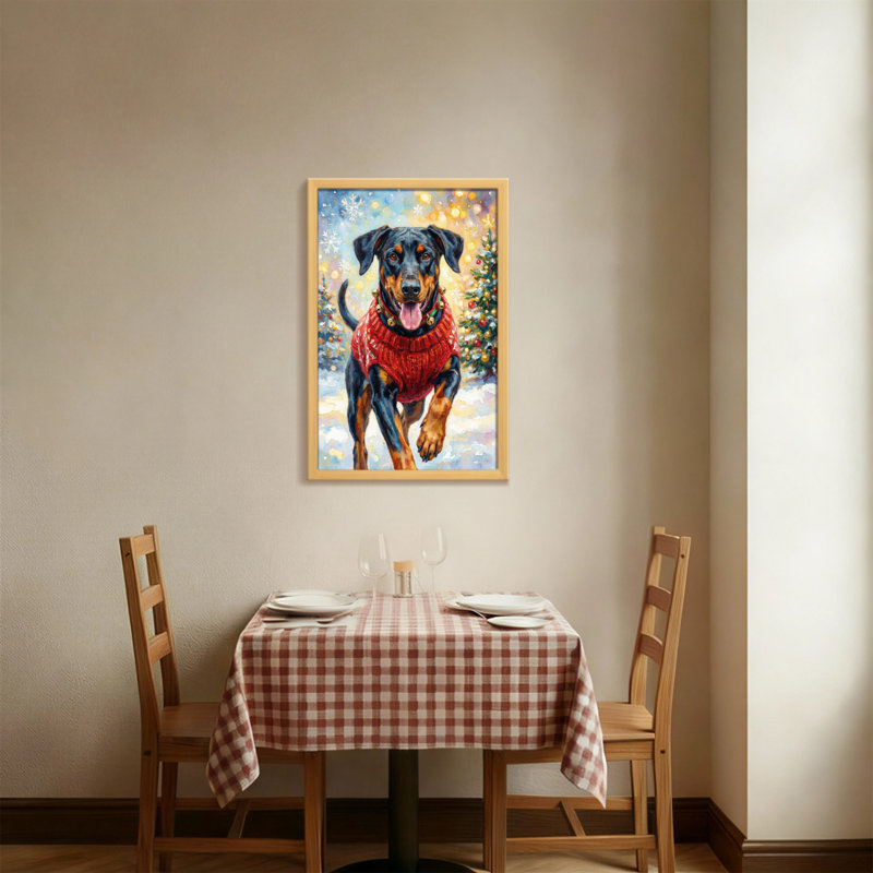 Animaux, chien, chandail rouge, scène d'hiver, flocons de neige, arbre de Noël, H 18 po x l 12 po