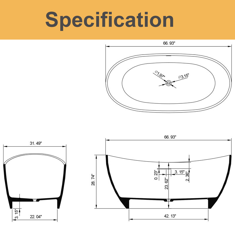 67“ X 32” Stone Resin Solid Surface Freestanding Soaking Bathtub In Matte White