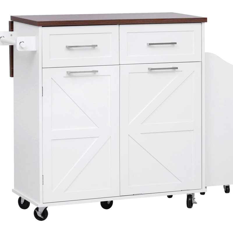 47.2-Inch Kitchen Cart With Drop Leaf, 9 Universal Wheels, And Removable Side - Adjustable Shelf, Pot Organizer, Towel Rack Island, 47.2 Inches Wide, 2 Drawers, 3 Organizer White, Concealed Trash