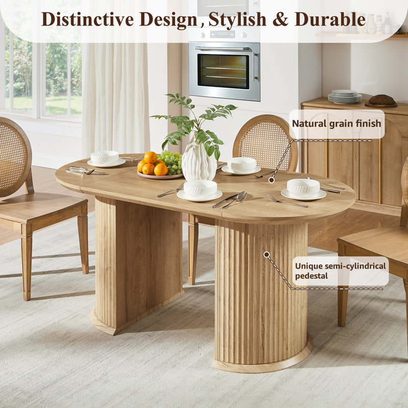 63" Fluted Oval Dining Table Double Pedestal Kitchen Table For 4-6 With Thickened Edge & Semi-Cylindrical Base, Natural Oak