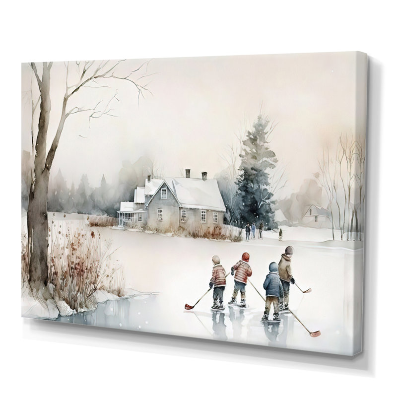 Kids Playing Hockey in Winter II - Painting on Canvas, 16" H x 32" W x 1" D, Wrapped Canvas