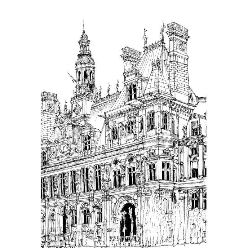 City Scene VIII - Drawing, 122 cm H x 81 cm W, Wrapped Canvas