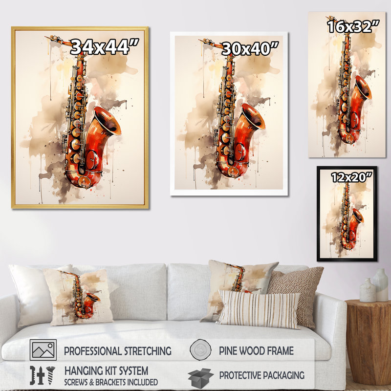 Vibrant Saxophone Swing - Reproduction d'art sur toile encadrée, Cadre doré simple, H 32 po x l 24 po x P 1 po