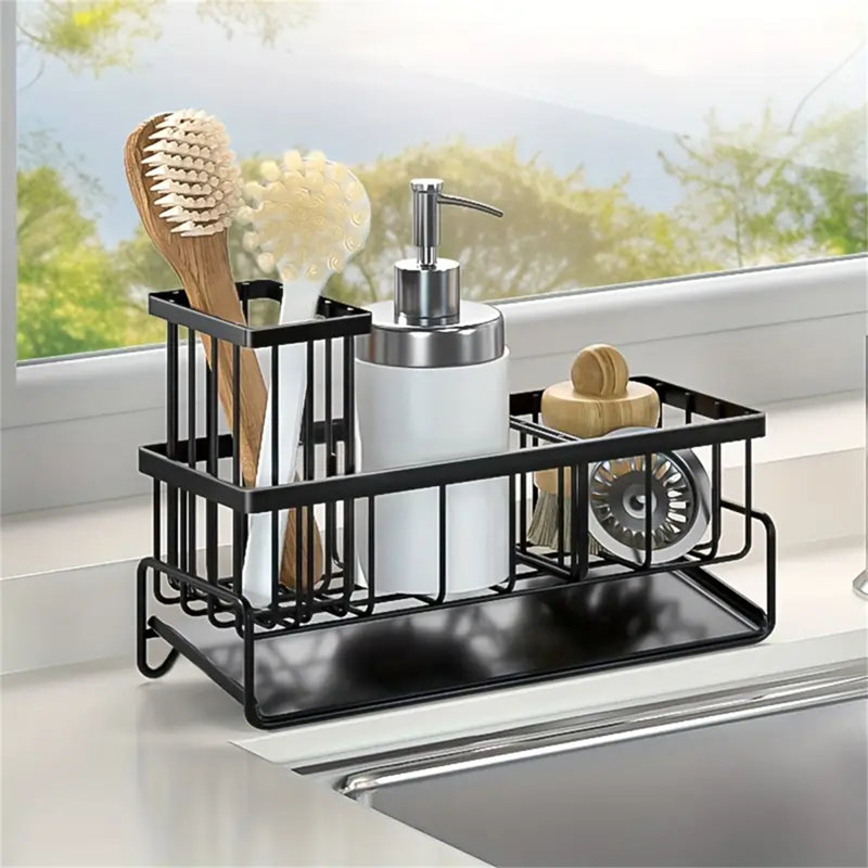 Large Capacity Metal Kitchen Sink Caddy - 1pc Sponge Holder With Auto Draining Tray & Brush Holder - Dish Soap Dispenser Storage, Kitchen Accessories, Home Essentials