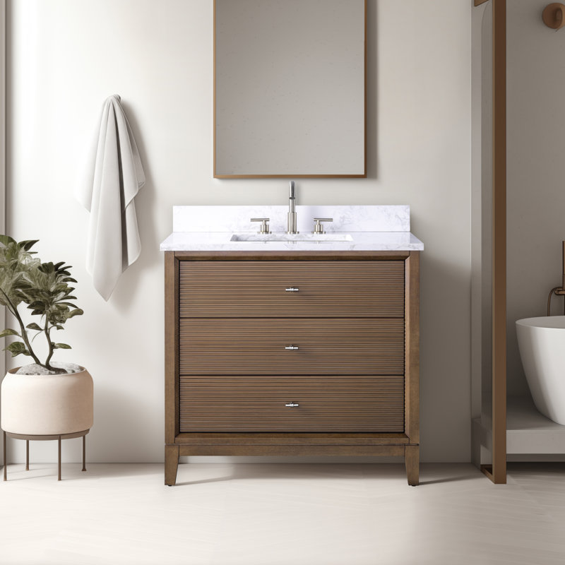 Caldwell 36" Single Sink Freestanding Bathroom Vanity with Engineered Marble Top, Walnut, Brushed Nickel, Arabescato White 
