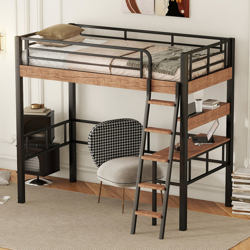 Lit mezzanine en métal avec bureau intégré, tablette de rangement et échelle