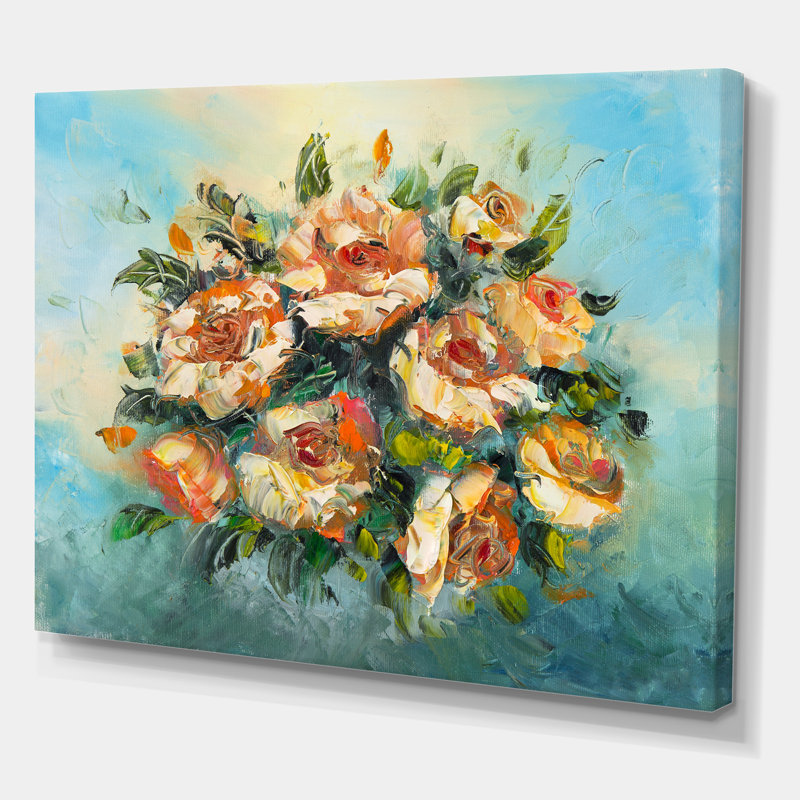 Bouquet de fleurs rétro rose foncé - peinture sur toile, H 30 po x l 40 po x 1,5 po, Toile tendue