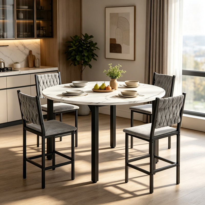 Ensemble de table de salle à manger 5 pièces, table de salle à manger ronde avec 4 chaises de cuisine rembourrées en velours pour petits espaces, cuisine, salon, structure en métal et plateau en panneau de fibres à densité moyenne, style contemporain moderne