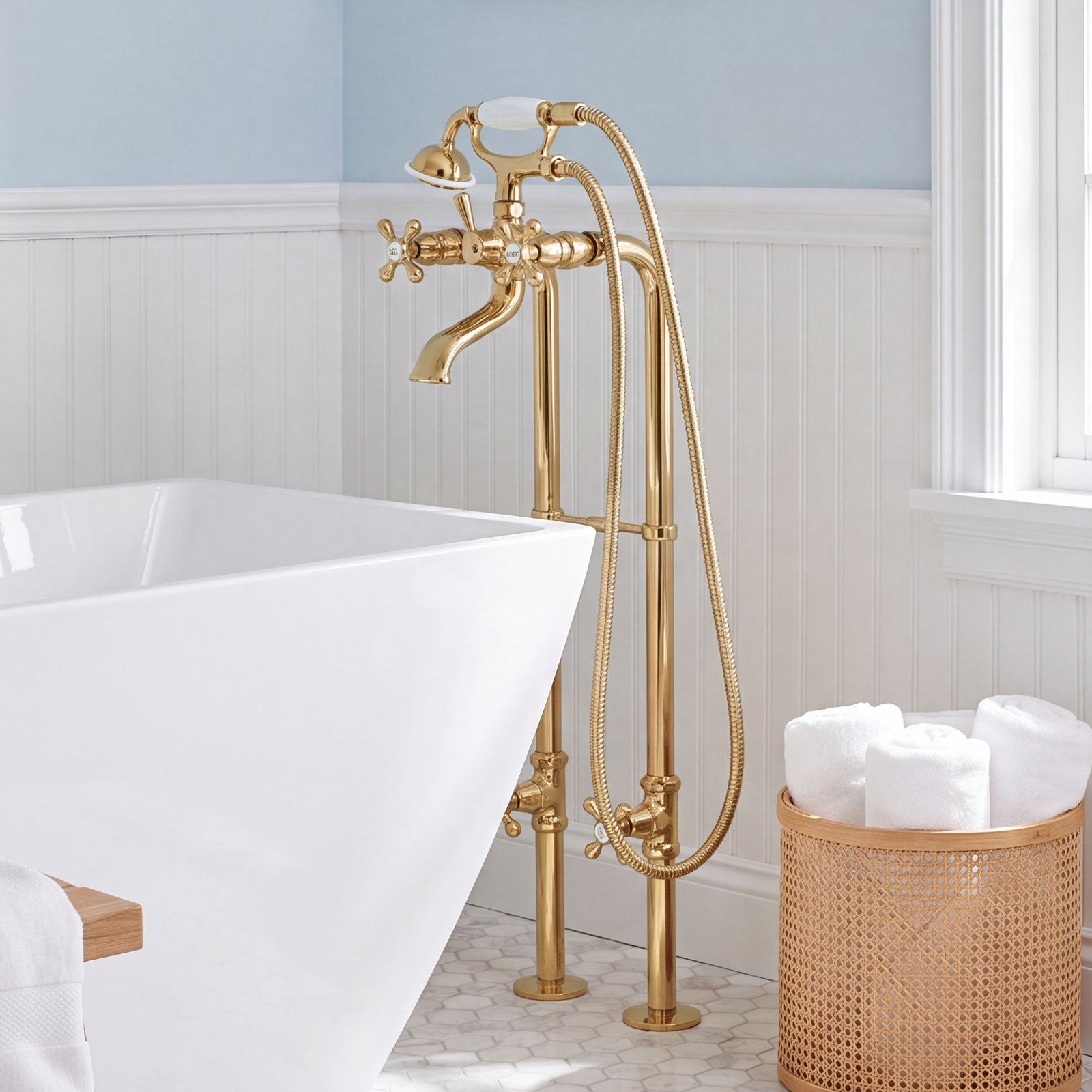 Kingston Freestanding Tub Faucet with Supply Line, Polished Brass