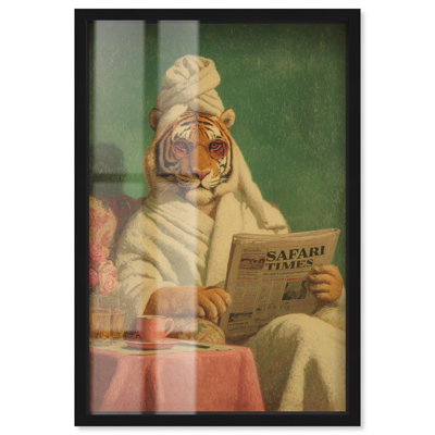 Art mural de salle de bain «Tiger Spa Chill Shadowbox» par Art Remedy, cadre noir, 21 x 31