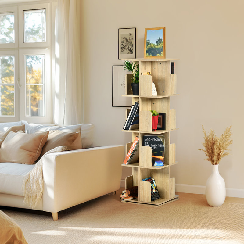 4 Tier Rotating Bookshelf, Versatile Revolving Bookcase Storage Tower For Living Room & Office, Beech