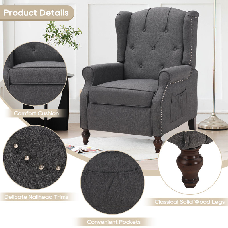 Upholstered Push Back Recliner Chair with Heat and Massage Function For Living Room, Gray Polyester Blend